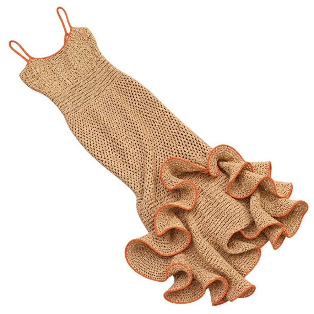 Boston Proper Dress Womens XS Beige Crochet Ruffle Maxi Mermaid Boho Beachy